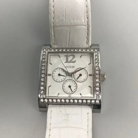 Guess Watch Women Silver Tone 37mm Square Pave White Leather Band New Battery - Picture 6 of 13